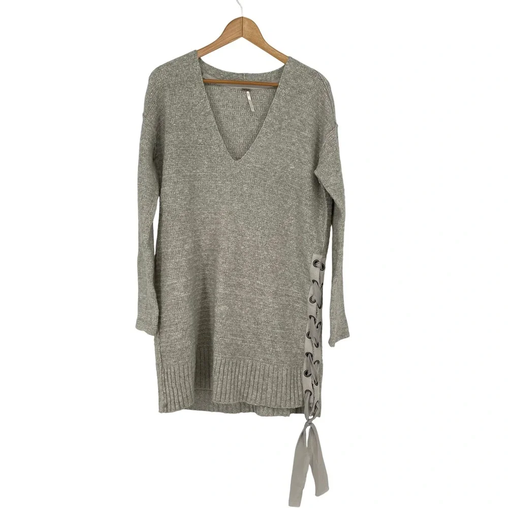 Free People Sweater Dress XS Ribbed Knit Lace Up Detail Size XS Casual Cozy Boho